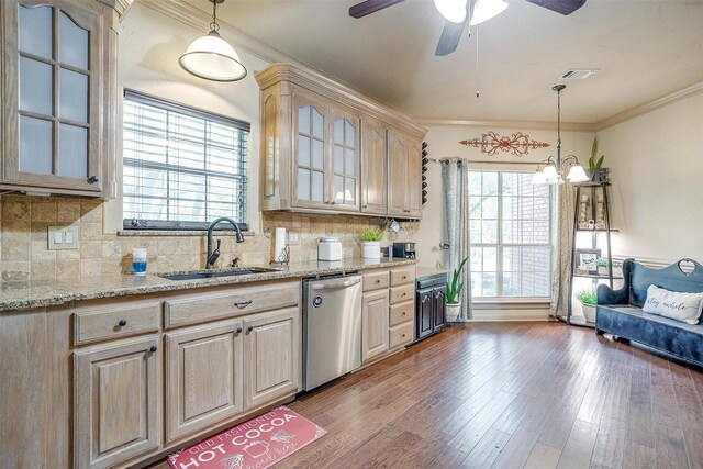 1201 W Buffalo Trl, Joshua, TX 76058 - kitchen with dishwasher, a sink, decorative light fixtures, a chandelier, and ornamental molding