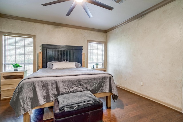 1201 W Buffalo Trl, Joshua, TX 76058 - bedroom featuring a textured wall, wood finished floors, baseboards, crown molding, and a ceiling fan