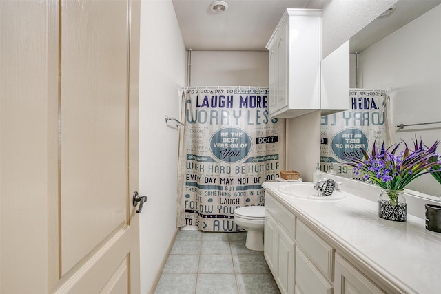 1201 W Buffalo Trl, Joshua, TX 76058 - bathroom with vanity, toilet, tile patterned flooring, and a shower with shower curtain