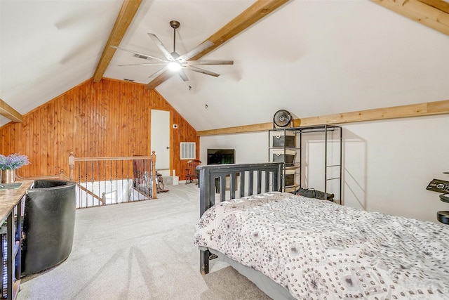 1201 W Buffalo Trl, Joshua, TX 76058 - bedroom featuring wood walls, carpet floors, and a ceiling fan