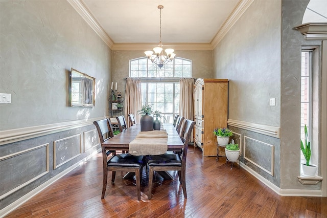 1201 W Buffalo Trl, Joshua, TX 76058 - dining room with a chandelier, ornamental molding, wood finished floors, and a wainscoted wall