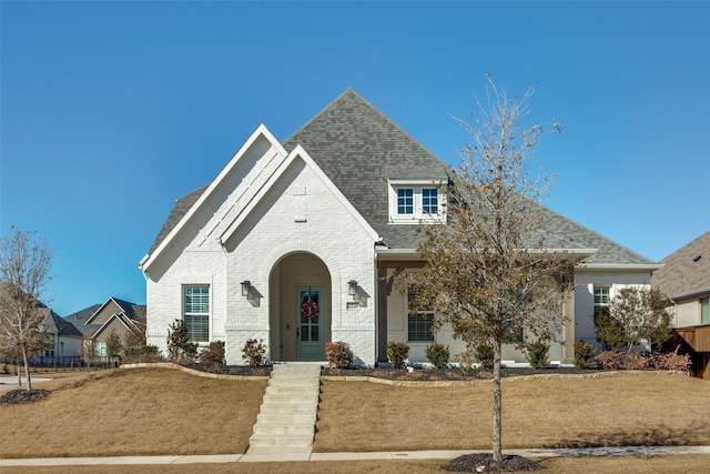 2228 Sandrellan St, Fort Worth, TX 76008 - view of front facade with brick siding, a shingled roof, and a front lawn