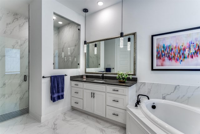 2228 Sandrellan St, Fort Worth, TX 76008 - full bath featuring marble finish floors, a marble finish shower, a garden tub, vanity, and baseboards