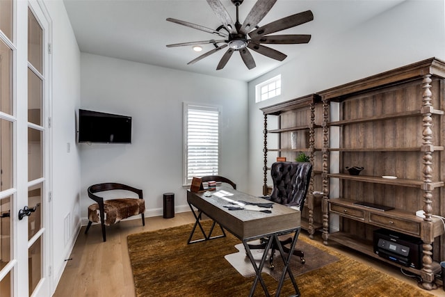 2228 Sandrellan St, Fort Worth, TX 76008 - home office featuring ceiling fan, wood finished floors, baseboards, and french doors