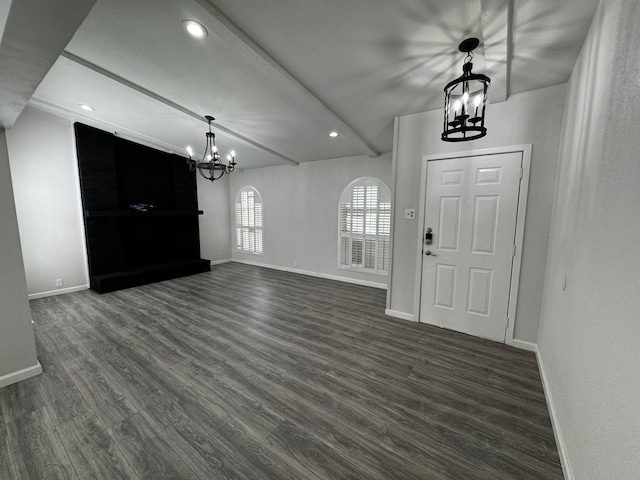 2910 Raintree Dr, Plano, TX 75074 - entryway featuring a chandelier, baseboards, dark wood-type flooring, recessed lighting, and beamed ceiling