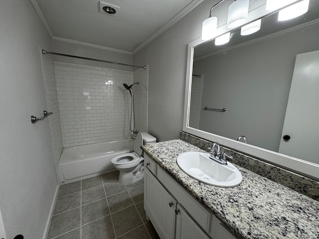 2910 Raintree Dr, Plano, TX 75074 - bathroom featuring ornamental molding, toilet, tile patterned floors, vanity, and bathing tub / shower combination