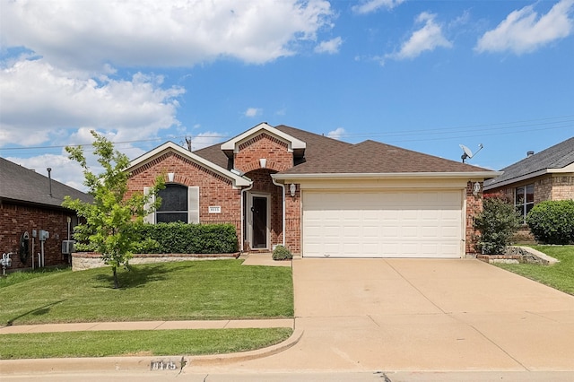 8115 Guadalupe Rd, Arlington, TX 76002 - view of front of house with concrete driveway, brick siding, a front yard, a garage, and roof with shingles
