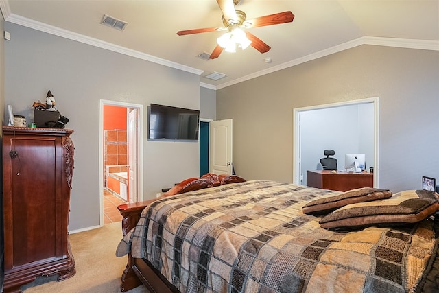 8115 Guadalupe Rd, Arlington, TX 76002 - bedroom featuring light colored carpet, ornamental molding, connected bathroom, a ceiling fan, and baseboards