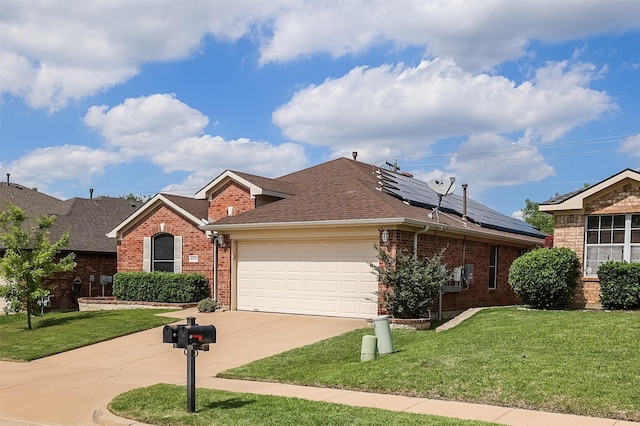 8115 Guadalupe Rd, Arlington, TX 76002 - view of front of house featuring an attached garage, brick siding, solar panels, a shingled roof, and driveway