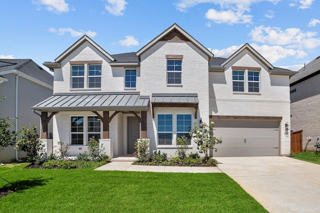 11549 Wulstone Rd, Fort Worth, TX 76052 - view of front facade with an attached garage, a standing seam roof, brick siding, a front lawn, and driveway