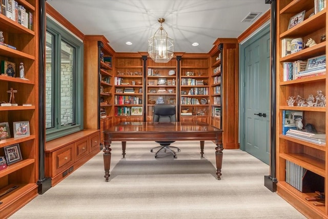 201 Jenkins Rdg, Aledo, TX 76008 - carpeted home office featuring a chandelier, crown molding, and recessed lighting