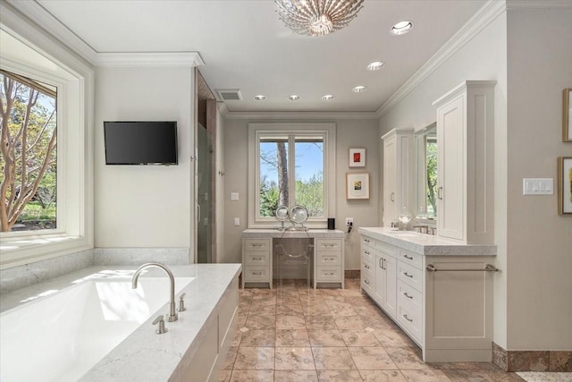 201 Jenkins Rdg, Aledo, TX 76008 - bathroom with plenty of natural light, ornamental molding, a bath, vanity, and recessed lighting