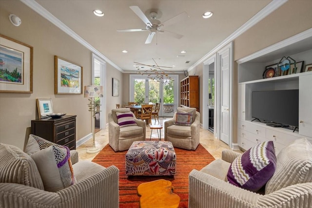 201 Jenkins Rdg, Aledo, TX 76008 - living area featuring crown molding, recessed lighting, ceiling fan, and baseboards