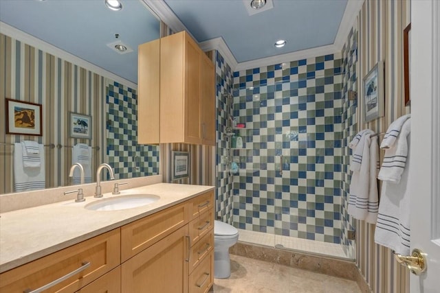 201 Jenkins Rdg, Aledo, TX 76008 - bathroom with a shower stall, toilet, vanity, ornamental molding, and recessed lighting