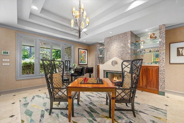 201 Jenkins Rdg, Aledo, TX 76008 - office space with baseboards, light tile patterned flooring, a chandelier, a tray ceiling, and crown molding