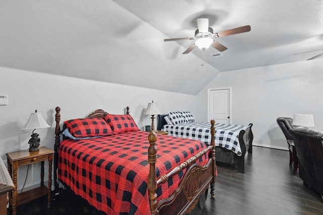 2210 Ridgewood Dr, Bridgeport, TX 76426 - bedroom featuring vaulted ceiling, wood finished floors, baseboards, and a ceiling fan