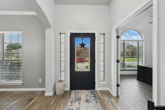 2210 Ridgewood Dr, Bridgeport, TX 76426 - foyer with wood finished floors, arched walkways, crown molding, and baseboards