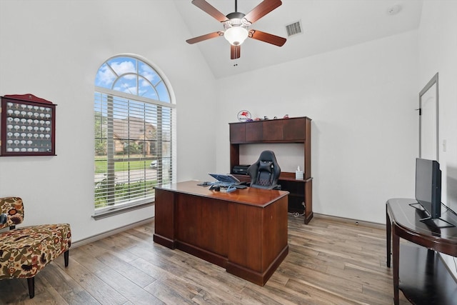 2210 Ridgewood Dr, Bridgeport, TX 76426 - office with healthy amount of natural light, light wood-type flooring, ceiling fan, and high vaulted ceiling