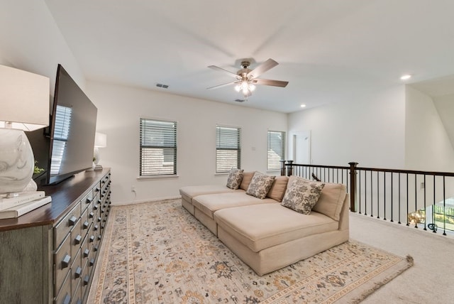 3594 Dover Dr, Mckinney, TX 75069 - living room featuring ceiling fan, light colored carpet, recessed lighting, and baseboards