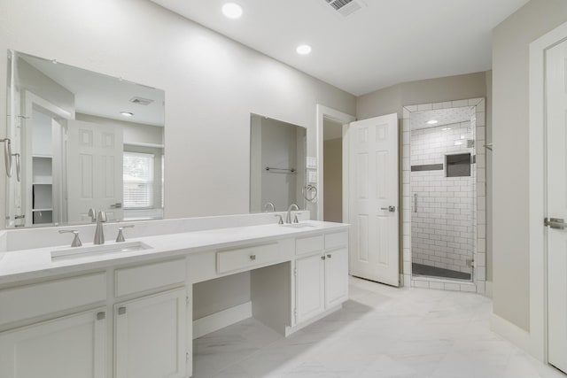 7300 Frances Ct, North Richland Hills, TX 76182 - full bathroom featuring a stall shower, double vanity, recessed lighting, marble finish flooring, and baseboards