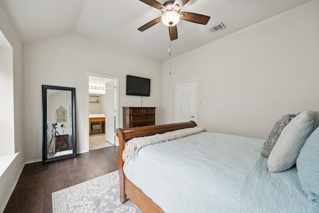 9712 Hedge Bell Dr, Mckinney, TX 75072 - bedroom with dark wood-type flooring, lofted ceiling, ceiling fan, and ensuite bathroom
