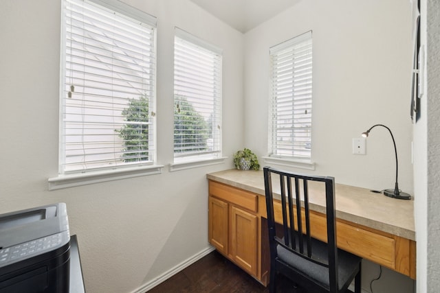 9712 Hedge Bell Dr, Mckinney, TX 75072 - office space featuring healthy amount of natural light, dark wood-type flooring, baseboards, and built in desk