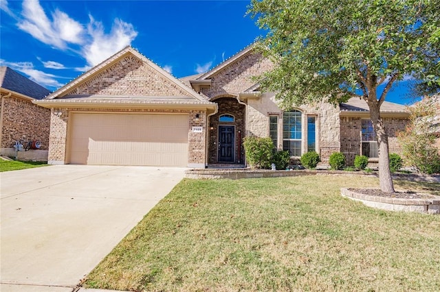 7105 Frenton Ter, Fort Worth, TX 76131 - french country home with concrete driveway, brick siding, a garage, and a front yard
