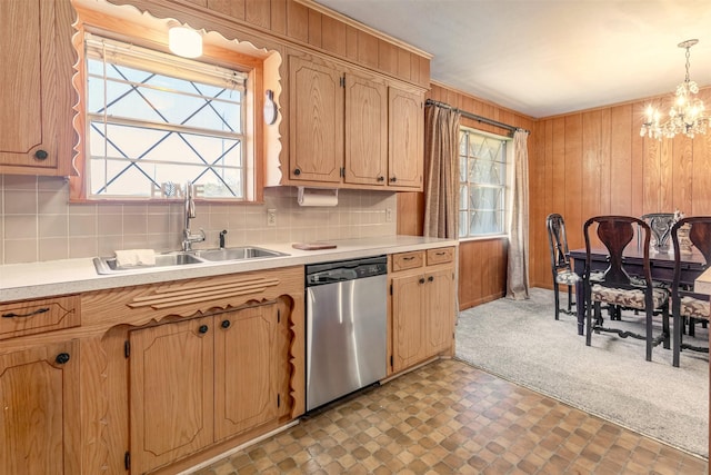 303 Luby Dr, Tom Bean, TX 75489 - kitchen featuring stainless steel dishwasher, a chandelier, a sink, tasteful backsplash, and light countertops