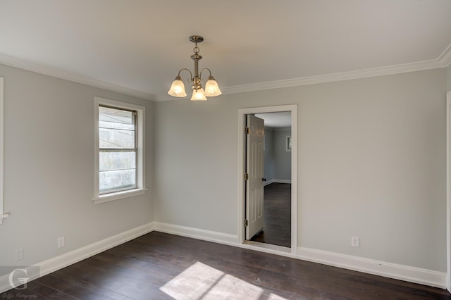 unfurnished dining area with a chandelier, dark wood-style flooring, baseboards, and crown molding