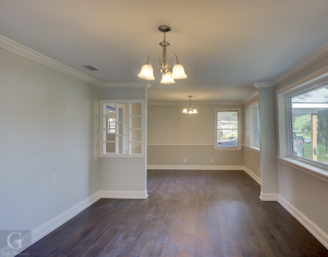 unfurnished dining area with a chandelier, baseboards, dark wood-type flooring, and ornamental molding