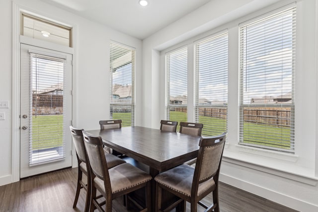 1654 Castleford Dr, Forney, TX 75126 - dining space with dark wood-style floors, baseboards, and recessed lighting
