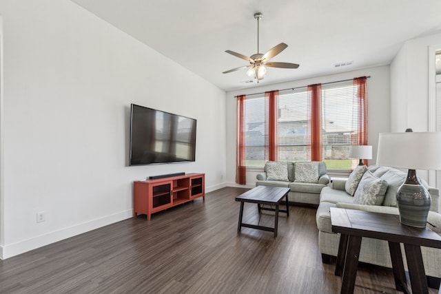 1654 Castleford Dr, Forney, TX 75126 - living room with ceiling fan, dark wood finished floors, and baseboards