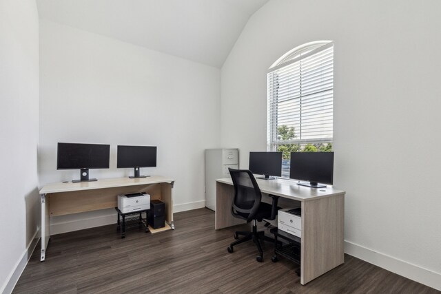 1654 Castleford Dr, Forney, TX 75126 - office area with lofted ceiling, dark wood finished floors, and baseboards