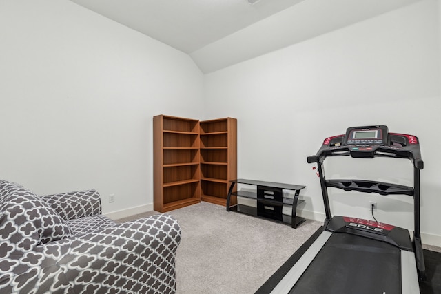 1654 Castleford Dr, Forney, TX 75126 - workout room featuring baseboards, carpet floors, and lofted ceiling