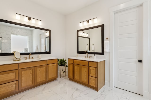 1421 Maplewood Dr, Prosper, TX 75078 - full bathroom featuring marble look tiles, two vanities, and a marble finish shower