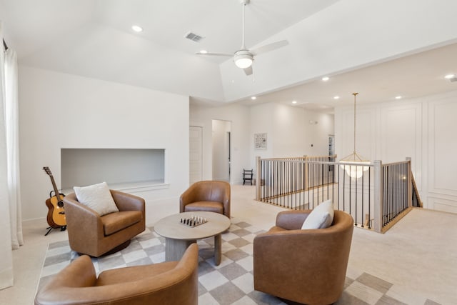 1421 Maplewood Dr, Prosper, TX 75078 - sitting room with an upstairs landing, vaulted ceiling, ceiling fan, recessed lighting, and light colored carpet
