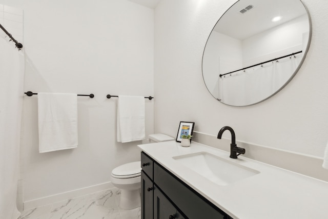 1421 Maplewood Dr, Prosper, TX 75078 - bathroom featuring baseboards, marble look tile flooring, toilet, vanity, and a shower with curtain