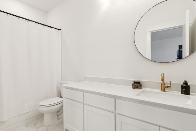 1421 Maplewood Dr, Prosper, TX 75078 - full bath featuring toilet, marble finish flooring, a shower with shower curtain, and vanity
