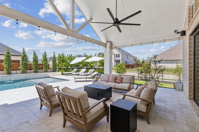 1421 Maplewood Dr, Prosper, TX 75078 - view of patio featuring an outdoor hangout area, a fenced backyard, and a ceiling fan