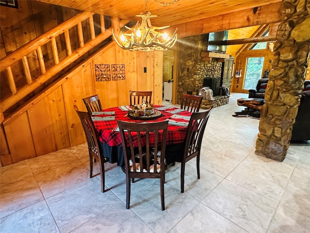 637 County Road 4420, Winnsboro, TX 75494 - dining area featuring lofted ceiling, wood walls, a chandelier, wooden ceiling, and a fireplace