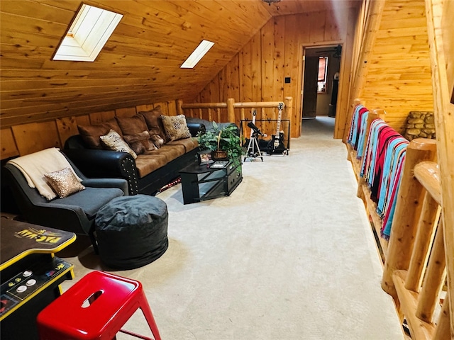 637 County Road 4420, Winnsboro, TX 75494 - living area featuring lofted ceiling, wood walls, a skylight, carpet flooring, and wood ceiling