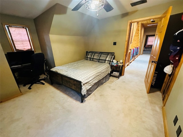 637 County Road 4420, Winnsboro, TX 75494 - bedroom featuring light colored carpet, ceiling fan, lofted ceiling, and an office area