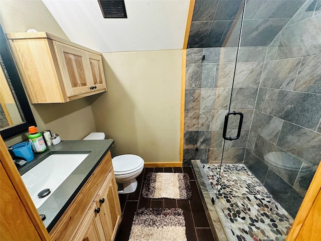 637 County Road 4420, Winnsboro, TX 75494 - bathroom featuring toilet, a shower stall, vaulted ceiling, and vanity