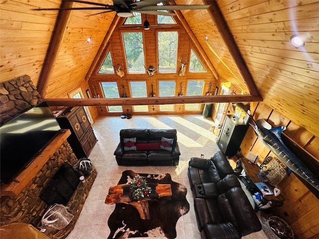 637 County Road 4420, Winnsboro, TX 75494 - living area featuring a ceiling fan, wooden ceiling, and wooden walls
