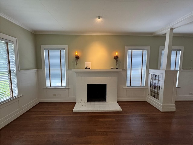 unfurnished living room with a fireplace with raised hearth, dark wood-type flooring, healthy amount of natural light, a wainscoted wall, and ornamental molding