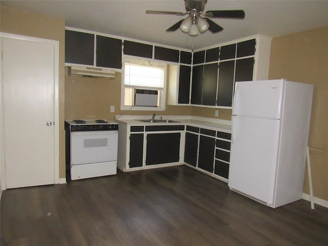 344 Castle Dr, Pottsboro, TX 75076 - kitchen featuring white appliances, under cabinet range hood, a sink, a ceiling fan, and dark wood finished floors