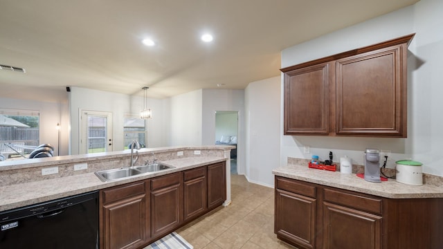 2005 Sterling Gate Dr, Heartland, TX 75126 - kitchen featuring black dishwasher, a sink, light countertops, light tile patterned flooring, and hanging light fixtures