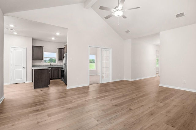 10029 Pilot Pl, Fort Worth, TX 76131 - unfurnished living room featuring high vaulted ceiling, ceiling fan, beam ceiling, light wood-style flooring, and baseboards