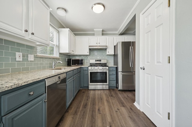 8609 N Normandale St, Fort Worth, TX 76116 - kitchen with stainless steel appliances, ornamental molding, under cabinet range hood, white cabinets, and dark wood-style floors