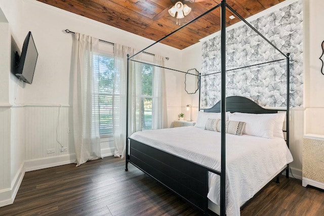 724 N Old Robinson Rd, Robinson, TX 76706 - bedroom with wood ceiling, wood finished floors, baseboards, and wainscoting